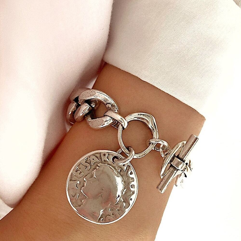 Silver Caesar Coin Charm Bracelet with Toggle Clasp Cuban Chain Link